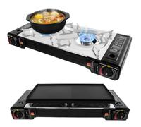 Réchaud de camping 2 en 1 2500 W avec plaque de cuisson et allumage piézo | Réchaud à gaz oppel avec plaque de cuisson 63 x 26 cm, 2 brûleurs indépendants, 2500 W, sac de transport inclus - Pour