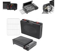 Réchaud de camping 2 en 1, barbecue à gaz, set + mallette en aluminium (3,2 kg), grille multifonction portable de 3 kW, allumage piézoélectrique et soupape de sécurité