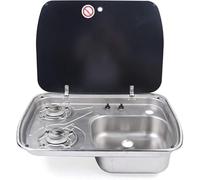 Réchaud de camping à gaz encastrable pour camping-car, plaque de cuisson 2 feux et évier en acier inoxydable avec couvercle en verre, pour cuisine extérieure de camping-car, caravane ou fourgon aména