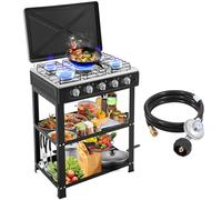 Réchaud de camping au propane 5 brûleurs - Noir - Plaque de cuisson à gaz autonome - 5 feux - Allumage manuel - Portable de qualité supérieure - Pour extérieur, camping, camping-car