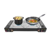 Réchaud de camping avec cartouche de gaz, barbecue de table à 2 brûleurs 2500 W, mini barbecue à gaz, noir, portable pour le camping, l'extérieur et l'intérieur, nettoyage facile
