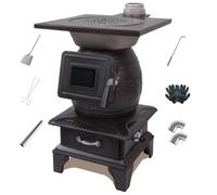 Réchaud de camping en fonte avec couvercle supérieur scellé, comprend une spatule à feu, une pince, un crochet et une cheminée de 100 cm pour une utilisation multi-combustibles