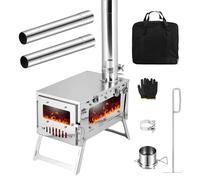 Réchaud de camping pliable avec fenêtre en verre, poêle tente chaude acier inoxydable tuyau réglable, poêles à bois portables pour tente, légers la cuisine et le chauffage plein Acier inoxydab