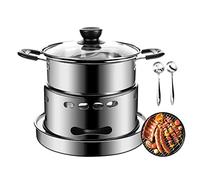 Réchaud de Camping Portable en Acier Inoxydable, 16cm/18cm Réchaud à Alcool Réglable avec Pot et 2 Cuillères à Fondue Chauffage de Tente pour Barbecue Randonnée Pique-Nique Picnic BBQ (18cm)