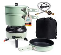 Skandika Réchaud de camping Rask | Fonctionne à l'électricité ou au gaz, allumage piézoélectrique, set avec casserole, poêle, sac | Réchaud à gaz, électrique, plein air, portable