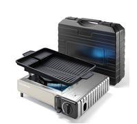 Réchaud gaz 1 feu, réchaud camping avec plaque grill 38 cm avec allumage piézo et mallette de transpor, puissance 2,2 kW