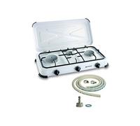 Réchaud gaz portable 3 feux 3450W Blanc laqué Couvercle Plaque de cuisson + Tuyau gaz KEMPER