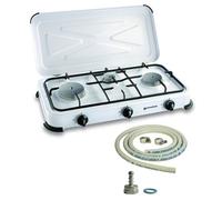 Réchaud gaz portable 3 feux 3450W Blanc laqué Couvercle Plaque de cuisson + Tuyau gaz KEMPER