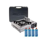 Réchaud gaz portable INOX KEMPER allumage piezo + 4 cartouches gaz