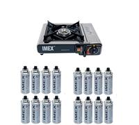 IMEX Réchaud à gaz en acier inoxydable avec 16 cartouches de gaz et mallette de transport/coffret de rangement 2,2KW