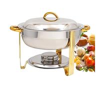 Réchaud rond de 3,5 L en acier inoxydable doré avec bac à aliments, bac à eau, couvercle, cadre et support à combustible (6 pièces).