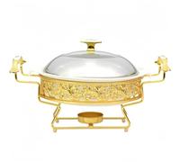 Réchaud rond pour buffet, ensemble de chafer doré avec couvercle en acier, bac alimentaire en céramique et supports pour combustible pour buffet, mariage, fêtes, banquet, événements de resta 11inches