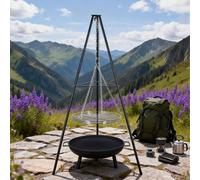 Réchaud suspendu triangulaire pour l'extérieur / Foyer de chauffage pour patio / Barbecue de camping / Trépied réglable en hauteur Fer