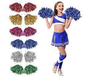 RECHCIGA 12 Pcs Pompons Cheerleading en PET Pom Pom Léger Pompon Cheerleader Fleur de Pom-Pom avec Poignée Baguette de Pom-Pom pour École Compétition Réunion Sport-Or Argent Bleu Rose Rouge Vert Rouge