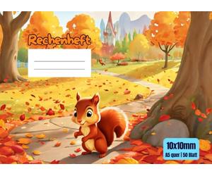 Rechenheft - 50 Blatt (100 Seiten) - DIN A5 Querformat - 10x10mm Kästchen - süßes Eichhörnchen Motiv: Übungsheft/Matheheft quer. Durchgängig karierte Seiten ohne Rand