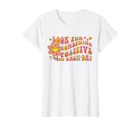 Recherchez Quelque Chose de Positif Chaque Jour rétro Groovy T-Shirt Graphique avec Valeur, Femme, Blanc, L