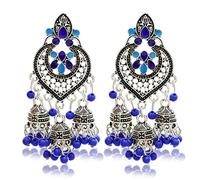 RechicGu Boucles d'oreilles indiennes style tribal vintage style indien croissant de lune bleu pierre colorée Jhumki Jhumka Banjara Kuchi danse du ventre gitane, Zinc, Base plaquée argent