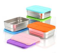 Récipient à goûter rectangulaire en acier inoxydable avec couvercle en silicone flexible pour conserver les aliments frais et prévenir les déversements (bleu)