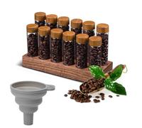 Récipient à Grains de Café en Verre avec Support en Bois, 12 Pièce Tubes de Capsules de Café en Verre, Présentoir à Grains de Cafés avec Tube de Fermeture à Entonnoir pour Stockage