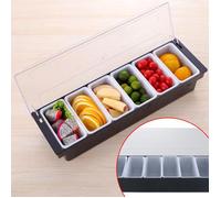 Récipient à ingrédients en acier inoxydable avec 6 compartiments - Noir - Avec couvercle à charnière transparent - 50 x 15 x 10 cm