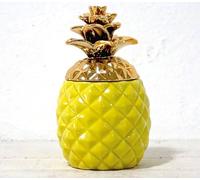Récipient coloré en céramique en forme d'ananas avec couvercle - Bocal à cookies, récipient de rangement, pot à nourriture fabriqué à la main, avec couronne métallique dorée brillante, accessoires de