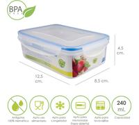 Récipient plastique rectangulaire hermétique 240 ml. 12.5x8.5x4.5 (H.) cm.