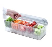Récipient pour assaisonnement réfrigéré avec couvercle - Bac à condiments réfrigérés avec glace 19x7x6 pouces PP transparent, organisateur alimentaire à cinq compartiments, conception de la base de