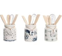 Récipient pour ustensiles de cuisine dkd home decor bleu métal blanc dolomite bois mdf 12 x 12 x 25 cm (3 pièces)