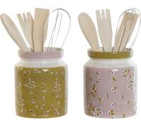 Récipient pour ustensiles de cuisine DKD Home Decor vert lilas métal bois MDF 12 x 12 x 25 cm (2 pièces)
