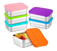 Récipients alimentaires réutilisables - Boîtes en acier inoxydable de 720 ml, 6 couvercles en silicone, empilables et étanches | Rangement du déjeuner pour l'école, le pique-nique, la maison, la