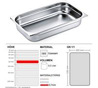 Récipients Gastronorm GN 1/1 - 65mm - GN90 - 18/8 acier inoxydable - 0,7mm