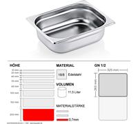 Récipients Gastronorm GN 1/2 - 200mm - GN90 - Acier inoxydable 18/8 - 0,7mm