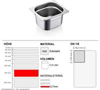Récipients Gastronorm GN 1/6 - 150mm - GN90 - 18/8 acier inoxydable - 0,7mm