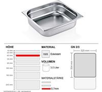 Récipients Gastronorm GN 2/3 - 40mm - GN90 - 18/8 acier inoxydable - 0,7mm