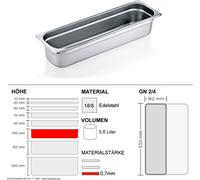 Récipients Gastronorm GN 2/4 - 100mm - GN90 - 18/8 acier inoxydable - 0,7mm