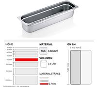 Récipients Gastronorm GN 2/4 - 65mm - GN90 - 18/8 acier inoxydable - 0,7mm