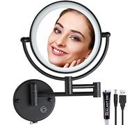 RECKODOR 8 Pouces LED Miroirs Maquillage Mural 1x/5x Miroir Grossissant Lumineux en Laiton Charge USB, Miroir de Rasage à Intensité Variable, 360°Pivotant Extensible, pour Salles de Bain et Famille