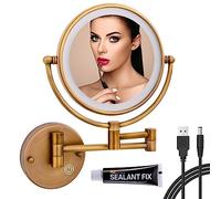 RECKODOR Laiton Miroir Maquillage Mural, Rechargeable Miroir Grossissant Lumineux LED Mural 1X/5X, Miroir Cosmétique Courtoisie, Interrupteur Tactile Luminosité Réglable (Antique Laiton)
