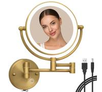 RECKODOR Miroir Grossissant Lumineux Mural x5, LED Miroir Maquillage Mural en Laiton, 1X/5X Grossissement Charge USB, Écran Tactile, 360° Pivotant et Extensible pour Salles de Bain