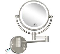 RECKODOR Miroir grossissant mural câblé avec lumière, éclairage LED double face 1X/5X, 3 couleurs, intensité tactile, bras étendu rotatif, miroir de maquillage ergonomique pour salle de bain, nickel