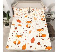 Récolte d'automne Drap de Lit 90x190,Animaux de Renard Mignons Drap-Housse Feuille D'Érable Drap Housse Thanksgiving Heureux Literie Set Enfants Garçon Fille avec 1 Taie d'oreiller
