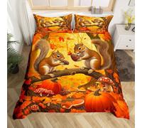 Récolte D'Automne Literie Set Citrouille D'Automne Parure de Lit Enfant Garçon Adolescent Ferme Écureuil Animal Housse de Couette 220x240 Feuille D'Érable Rustique Couvre Lit avec 2 Taies D'Oreiller