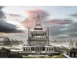 Reconstruction imaginaire du mausolée à Halicarnasse ou tombe de Mausolus, l'une des sept merveilles du monde antique. Ciel numérique ajouté. Après une œuvre du 18ème siècle par Johann Fischer von