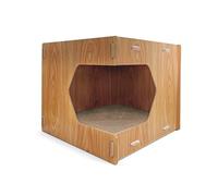 Record griffoir pour Chat Loft en Bois et Carton avec Herbe à Chat - Structure cubique avec entrée d’Angle - Dimensions 40 x 40 x 35h cm - Couleur La Havane