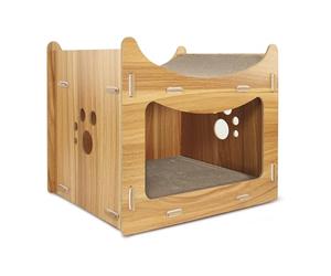 Record griffoir pour Chat Pagoda en Bois et Carton avec Herbe à Chat - Structure rectangulaire 45 x 30 x 35h - Niche Confortable - Couleur La Havane