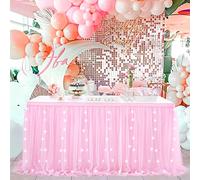 Rectangle Table Skirt Pink 14FT Tulle Table Skirting LED Tutu Tablecloth for Wedding Birthday Party Baby Shower Decorations