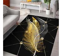 Rectangle Tapis Design Moderne Poils Court Antidérapant et Lavable, Plume d'or sur Fond Noir Salon Anti Slip Tapis de Sol Grand pour Couloir, 100 x 160 cm