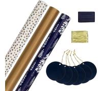 Recueil De Cadeaux De Noël, 3 Paquets De Papier Cadeau, 2 M Chacun, 6 Étiquettes Cadeaux, 2 Rubans Raphia, Or, Bleu, Blanc