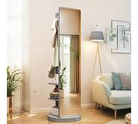 RED AS FIRE Rotatif Miroir en Bois Massif Pleine Longueur avec Porte-Manteau & Étagère de Rangement à 3 Niveaux, Grand Miroir autoportant Moderne avec Base pivotante 360° de 40cm pour Chambre/Salon