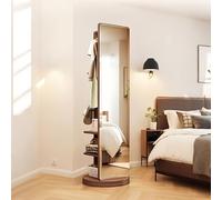 RED AS FIRE Rotatif Miroir en Bois Massif Pleine Longueur avec Porte-Manteau & Étagère de Rangement à 3 Niveaux, Grand Miroir autoportant Moderne avec Base pivotante 360° de 40cm pour Chambre/Salon